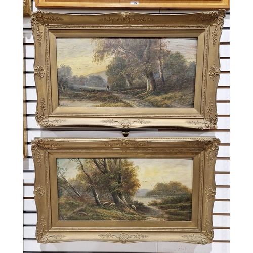 373 - H Graham 
 Pair oils on canvas 
 Autumnal woodland lakeside scenes with female figure and sheep, sig... 