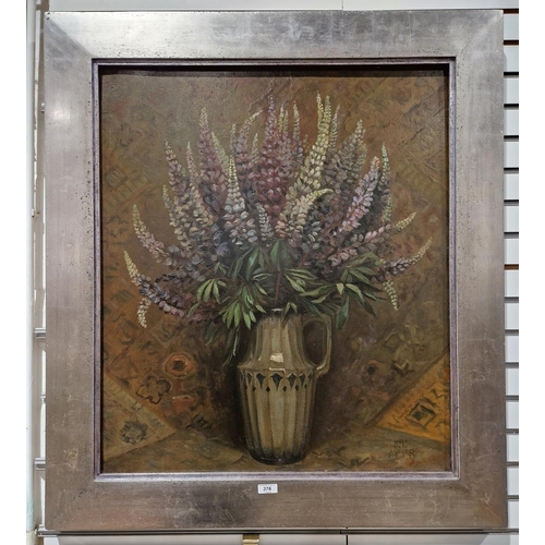 376 - After Kolomann Moser
 Still life, jug of lupins, bearing facsimile signature, 76cm x 65cm