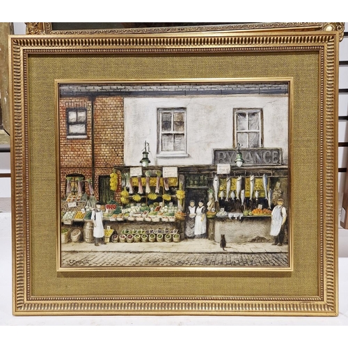 377 - S Garbutt 
 Oil on board
 19th century greengrocer's shop front with staff, signed lower left, 39.5c... 