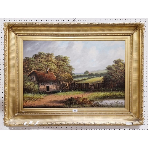 381 - G Cole 
 Oil on canvas
 Thatched cottage in landscape, signed lower left, 50cm x 75cm 
 Pair of oval... 