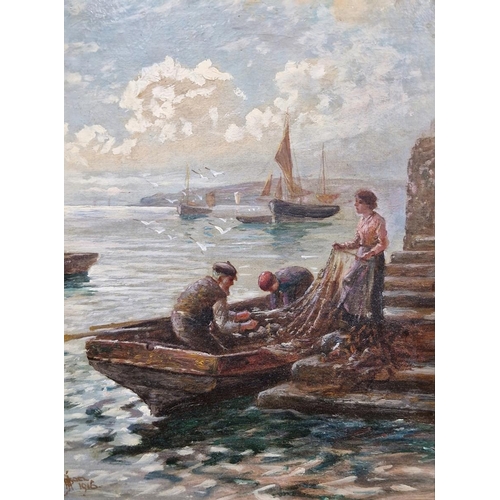 387 - John Bates Noel (1870-1927)
 Oil 
 Harbour scene with boat and three figures sorting the nets, signe... 