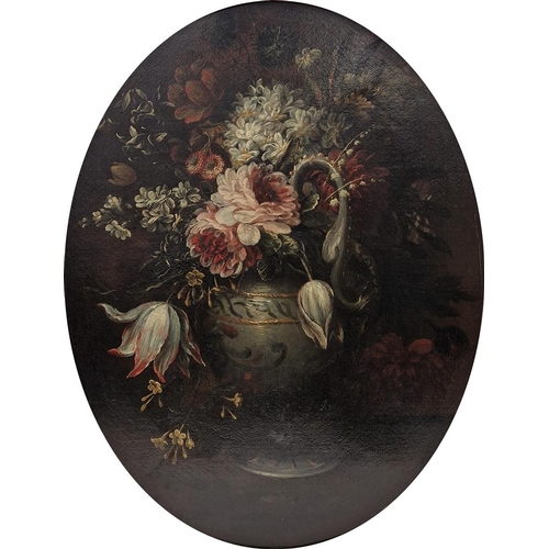 391 - Circle of Gaspar Pieter Verbruggen II  

Pair oils on canvas  Set in oval, floral studies, 64.75cm x... 