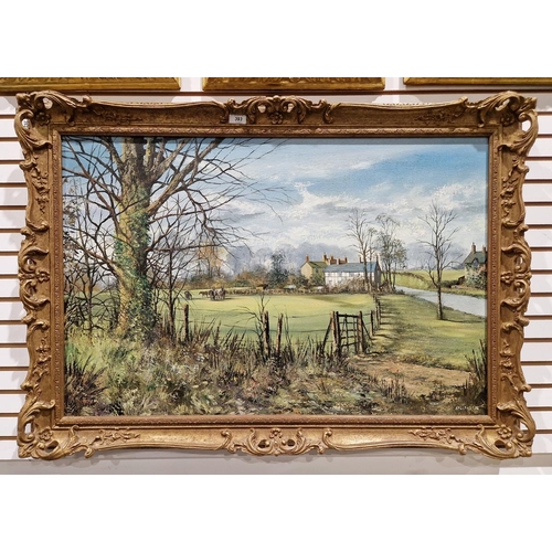 393 - Hallard
 Oil on canvas
 Riverside country landscape with buildings and horses in paddock, signed low... 