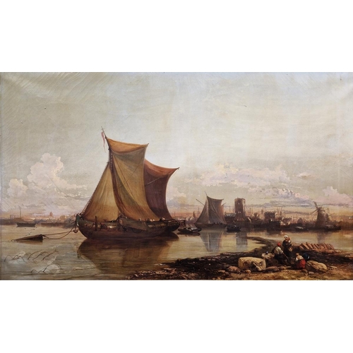 394 - James Webb (c.1825-1895)  

Oil on canvas Harbour scene with moored boats, women and a child in fore... 