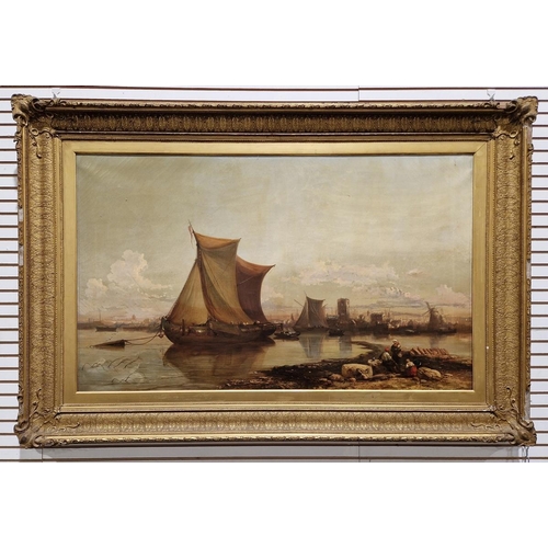 394 - James Webb (c.1825-1895)  

Oil on canvas Harbour scene with moored boats, women and a child in fore... 