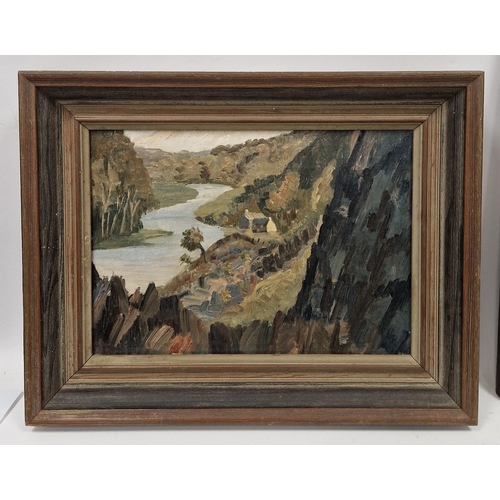 397 - 20th century school
 Oil on canvas
 River landscape with dwellings, unsigned, framed, 25.5cm x 36cm