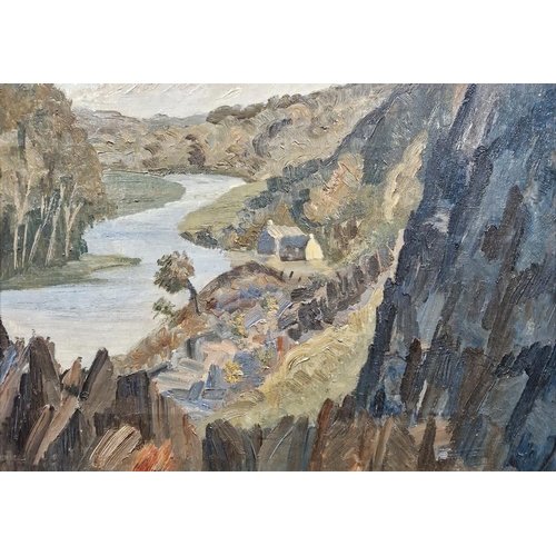 397 - 20th century school
 Oil on canvas
 River landscape with dwellings, unsigned, framed, 25.5cm x 36cm