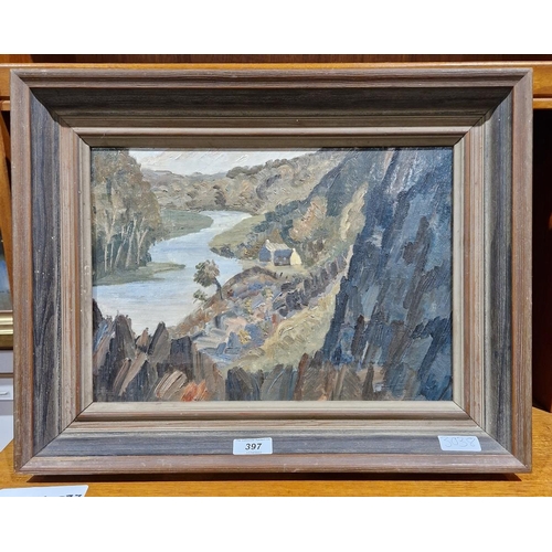 397 - 20th century school
 Oil on canvas
 River landscape with dwellings, unsigned, framed, 25.5cm x 36cm