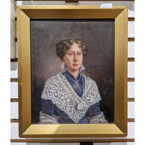 399 - Unattributed
 Oil on canvas
 Head and shoulders portrait of a lady in lace shawl, 24cm x 19cm