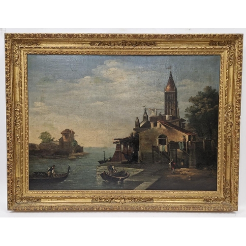 401 - Circle of Marieschi
 Oil on canvas
 Coastal scene with foreground depicting figures in boats beside ... 