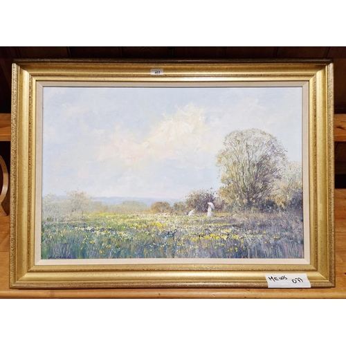 403 - Mel Briggs
 Oil on board
 Flower meadow under a blue sky and with three figures, signed lower left, ... 