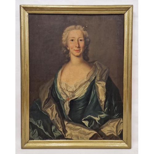 409 - 18th century school
 Oil on canvas
 Portrait of a young lady wearing blue and white silk dress, poss... 