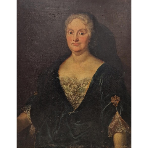 410 - 18th century school
 Oil on canvas
 Portrait of an elderly lady wearing a green silk dress with whit... 