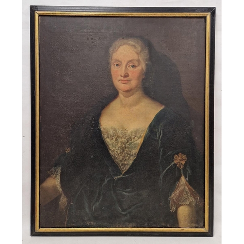 410 - 18th century school
 Oil on canvas
 Portrait of an elderly lady wearing a green silk dress with whit... 