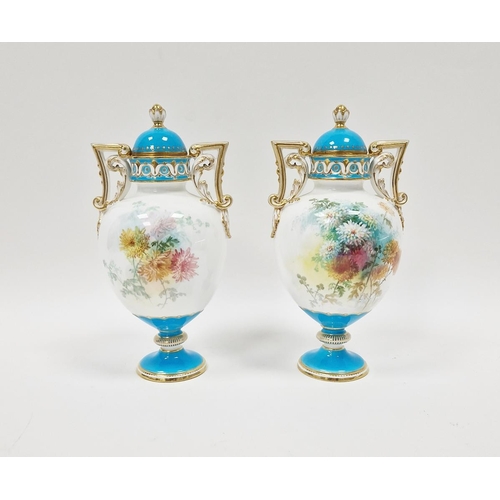 44 - Pair of Minton bone china turquoise ground two-handled oviform vases with domed covers, circa 1880, ... 