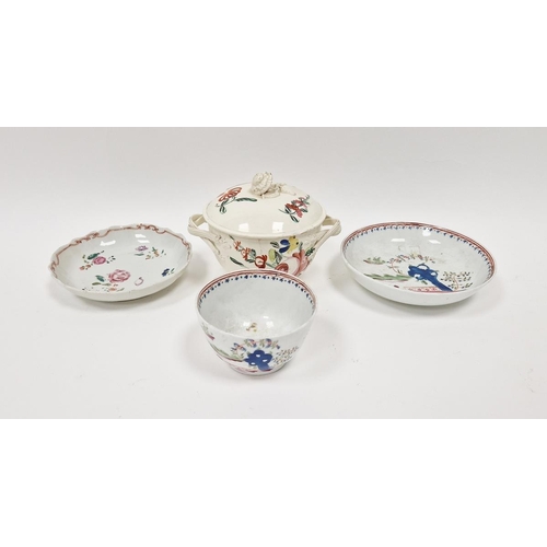 46 - Late 18th century creamware two-handled sugar bowl and cover, perhaps Leeds, painted with rose and f... 