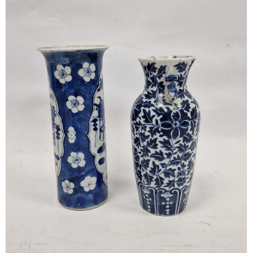 87 - Two Chinese Qing dynasty blue and white vases, the first of sleeve form painted with precious object... 