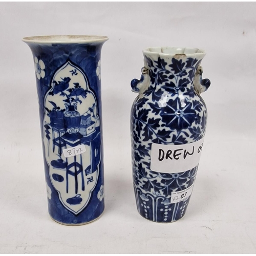 87 - Two Chinese Qing dynasty blue and white vases, the first of sleeve form painted with precious object... 