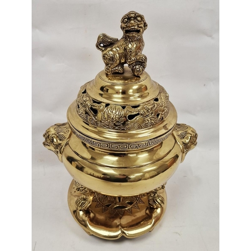 92 - Large 20th century Chinese bronze and gilt metal censer, cover and stand, with beast handles, raised... 