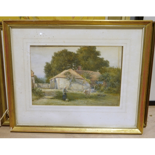 430 - Assorted framed modern tapestries, a picture frame, various framed prints, a watercolour of a rustic... 