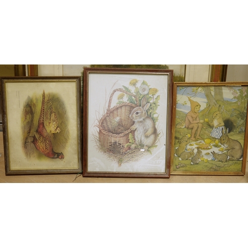 430 - Assorted framed modern tapestries, a picture frame, various framed prints, a watercolour of a rustic... 