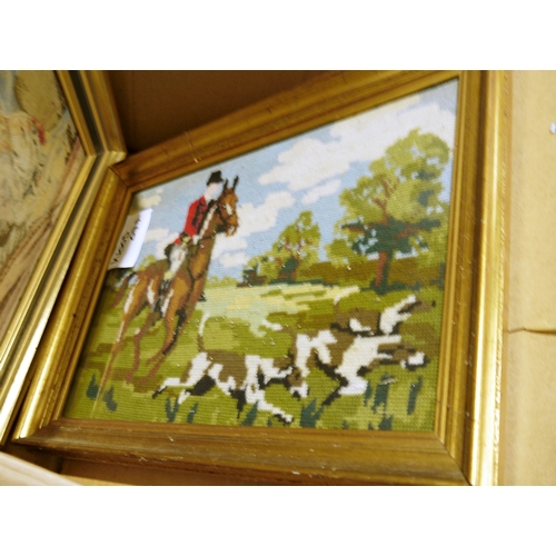 430 - Assorted framed modern tapestries, a picture frame, various framed prints, a watercolour of a rustic... 