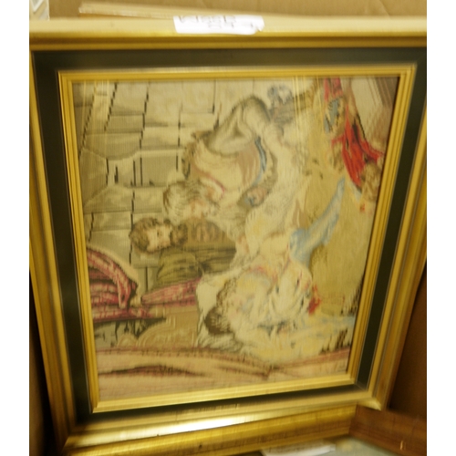 430 - Assorted framed modern tapestries, a picture frame, various framed prints, a watercolour of a rustic... 