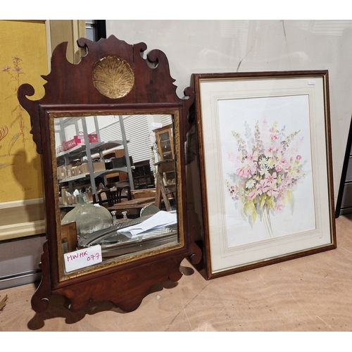 448 - Three framed prints showing still life of flowers and an 18th century-style mirror with carved frame... 