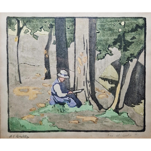 45 - Arabella Louisa Rankin (1871-1943)
  Woodblock print on paper
 An artist painting in wooded landscap... 