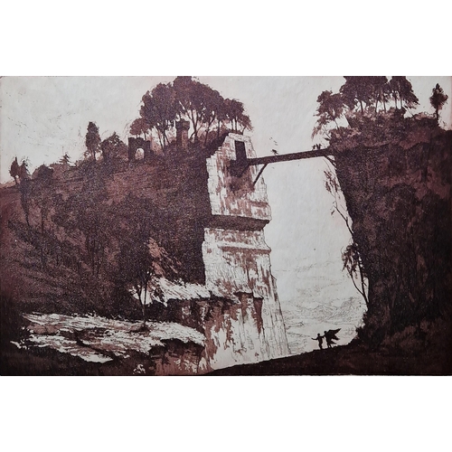 46 - 20th century school 
  Etching
 Figures crossing a bridge between cliffs and ruins, signed Bream 76,... 