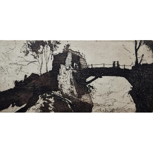 46 - 20th century school 
  Etching
 Figures crossing a bridge between cliffs and ruins, signed Bream 76,... 