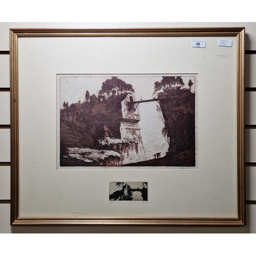 46 - 20th century school 
  Etching
 Figures crossing a bridge between cliffs and ruins, signed Bream 76,... 