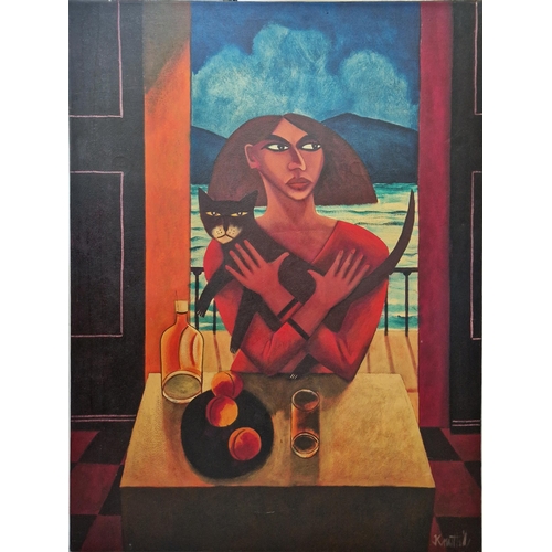 6 - Graham Knuttel (Ireland, 1954-2023)
 Acrylic on canvas
 'Woman With Cat', signed lower right, 121.5c... 