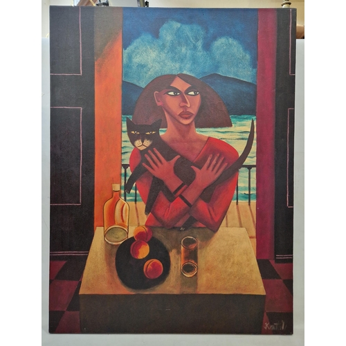 6 - Graham Knuttel (Ireland, 1954-2023)
 Acrylic on canvas
 'Woman With Cat', signed lower right, 121.5c... 