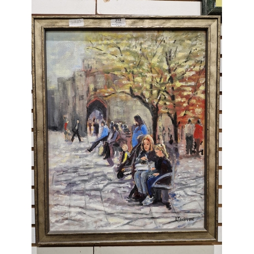 315 - R Jackson
 Oil on board
 Street scene with figures, signed lower right, 50cm x 39.5cm