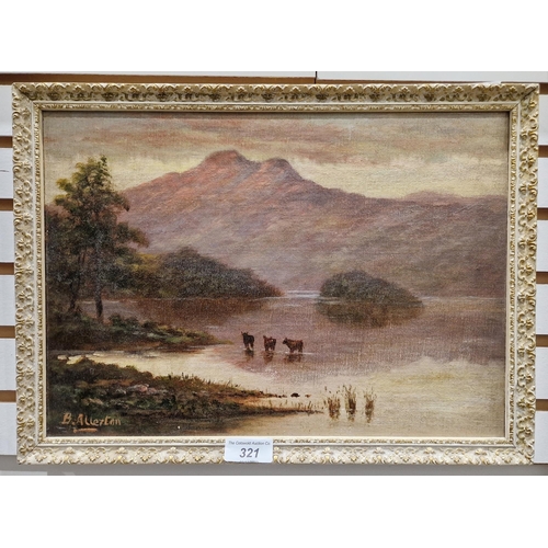 321 - B Allerton
 Oil on board
 Cattle standing in water at lake shoreline at sunset, mountain in distance... 