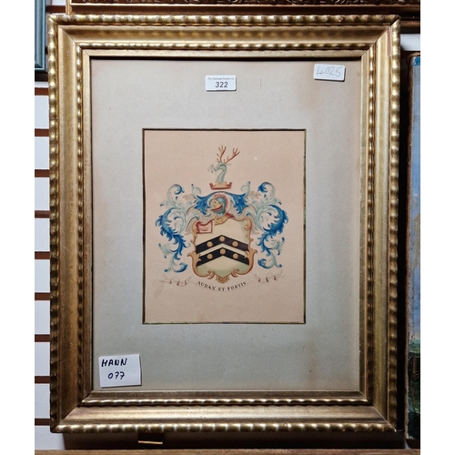 322 - 19th century school
 Watercolour and gilt
 Coat of arms with two chevrons, a knights head sitting at... 