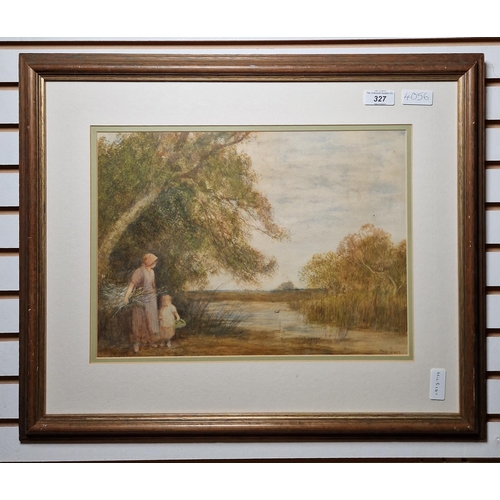 327 - Theodore Hines (1810-1890)
 Watercolour
 'Faggot gatherer and child in river setting', signed lower ... 