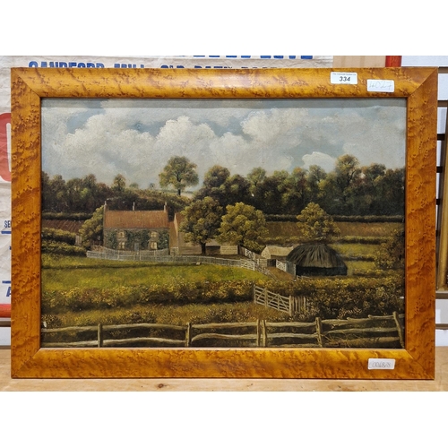 334 - 20th century school
 Oil on canvas
 Rural scene with view of farm buildings and cottage, unsigned, f... 