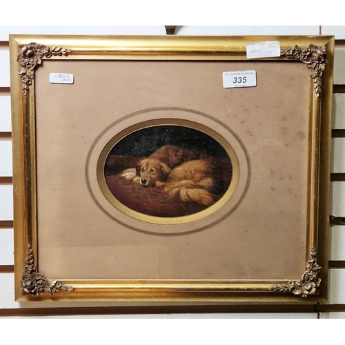 335 - 19th century school
 Oil on card
 Study of a dog, unsigned, framed and glazed, image size 10cm x 14c... 