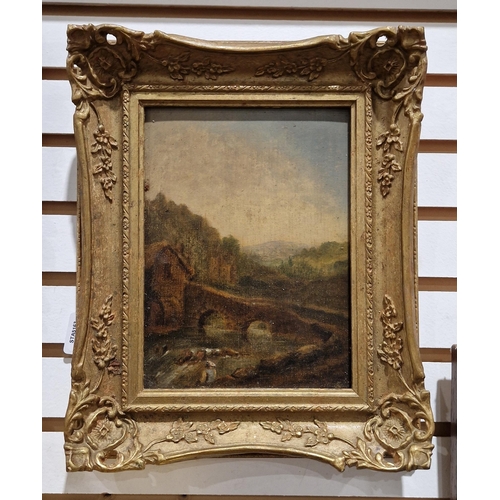 340A - 19th century school
 Oil on panel
 Rural scene with figure seated on river bank next to a bridge and... 