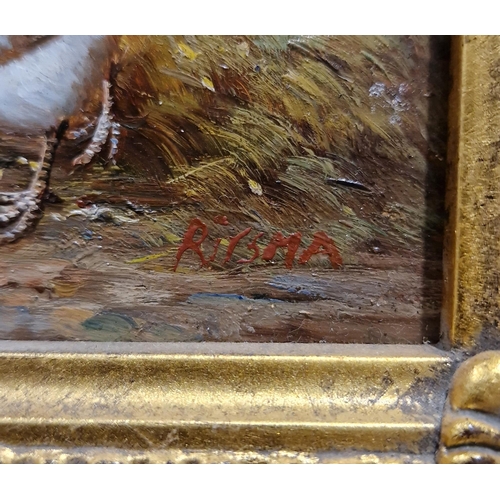 340 - Oil on panel 
 depicting a farmyard scene with cockerel and chickens, signed Rirsma?, 12.5cm x 17.5c... 