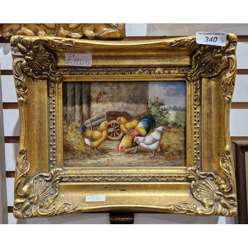 340 - Oil on panel 
 depicting a farmyard scene with cockerel and chickens, signed Rirsma?, 12.5cm x 17.5c... 