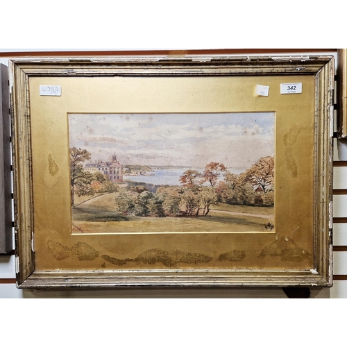 342 - Helen Hamilton (19th century)
 Watercolour
 Coastal view over looking parkland with house beyond, in... 