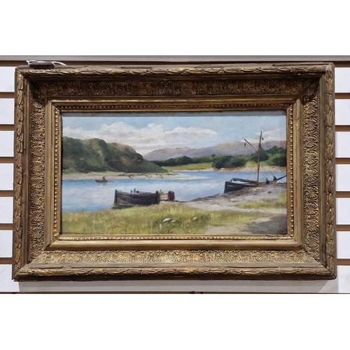 345 - L Trevor
 Oil on panel
 River landscape with boats moored, signed lower right, framed, 19cm x 35cm, ... 