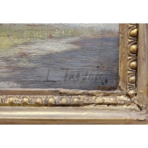 345 - L Trevor
 Oil on panel
 River landscape with boats moored, signed lower right, framed, 19cm x 35cm, ... 