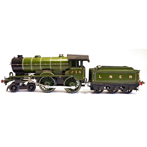 383 - Hornby O gauge, LNER 4-4-0 Yorkshire 234 locomotive and six wheel tender, converted from clockwork t... 