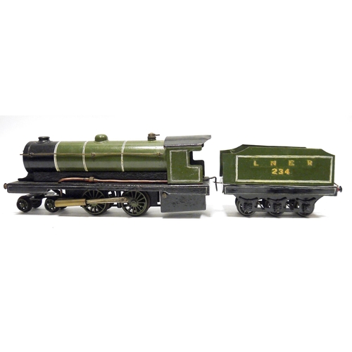 408 - Possibly Bowman 0 gauge live steam spirit-fired '4-4-0' locomotive and six wheel tender in green and... 