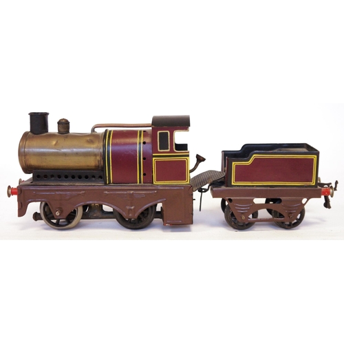 419 - Bing 2-2-0 live steam locomotive with four wheel tender, maroon and yellow double lined livery marke... 