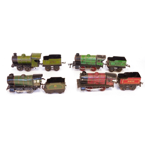 420 - Four Hornby tinplate clockwork locomotives to include 0-4-0 No. 2728 locomotive and four wheel tende... 